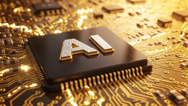 Advanced artificial intelligence microchip processor on a glowing golden circuit board background
