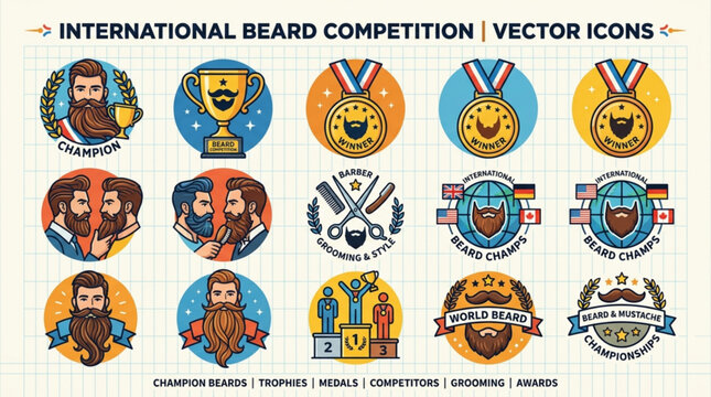 Vector icons for beard competition grooming trophies medals with bearded men grid background