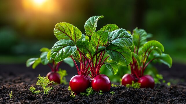 Fresh beet plants growing in rich soil during golden hour with soft bokeh background