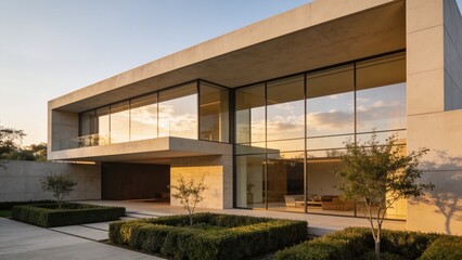 Fototapeta premium Elegant modern architectural residence featuring sleek concrete lines and expansive glass walls, reflecting the ambient light, for sophisticated contemporary living