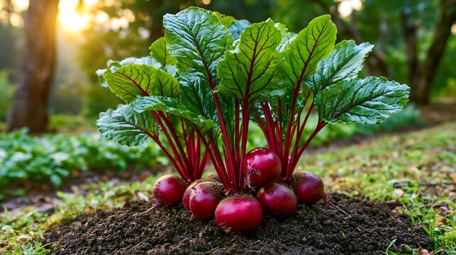 Fresh beetroots growing in rich soil during golden hour sunlight with lush green foliage