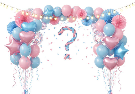 Gender reveal party balloons, pink and blue heart shaped balloons, question mark balloon decoration