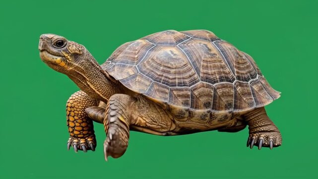 A detailed side view of a brown tortoise isolated on a solid green background
