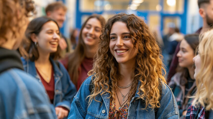 Obraz premium Smiling student in school hallway, friends chatting and laughing near window in school corridor