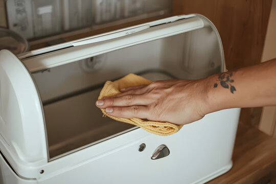 Person Cleaning Bread Box