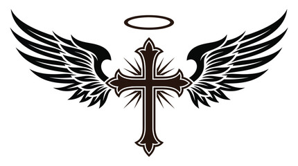 Fototapeta premium Ornate christian cross icon featuring detailed black feathered wings and a glowing halo above design