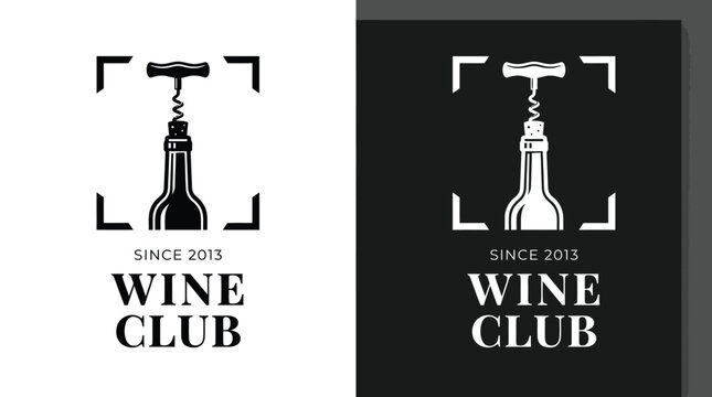 Minimalist wine club logo featuring a corkscrew opening a bottle of wine in black white
