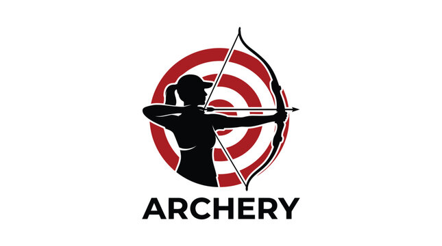 Professional female archer aiming a recurve bow at a red and white circular archery target