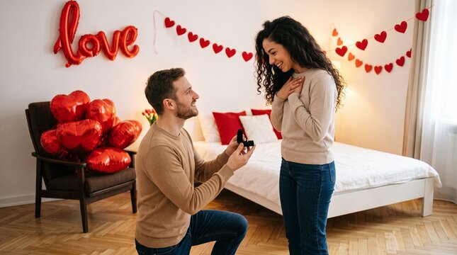 Man proposing marriage with ring in romantic bedroom decorated with hearts during unforgettable surprise moment on national girlfriend day romantic celebration