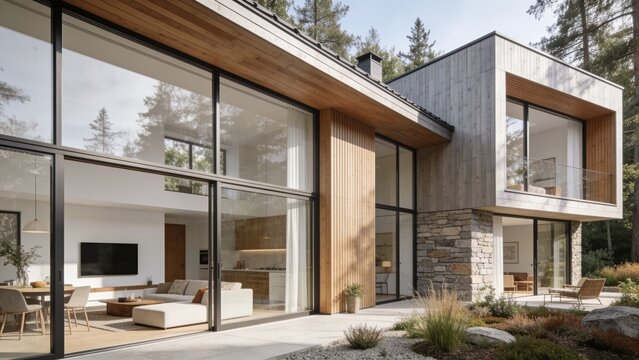 Modern luxury house with floor-to-ceiling glass walls and wooden cladding nestled in a serene forest landscape