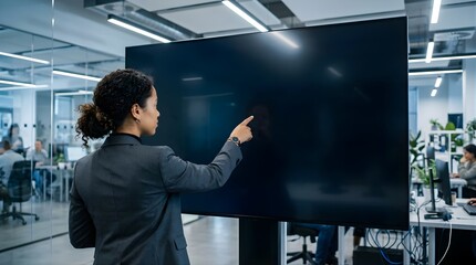 Fototapeta premium Businesswoman pointing at large empty monitor in modern office workspace