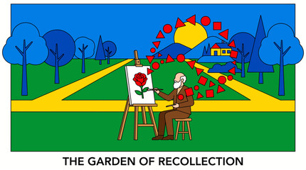 Fototapeta premium Artist painting rose in conceptual garden illustration.