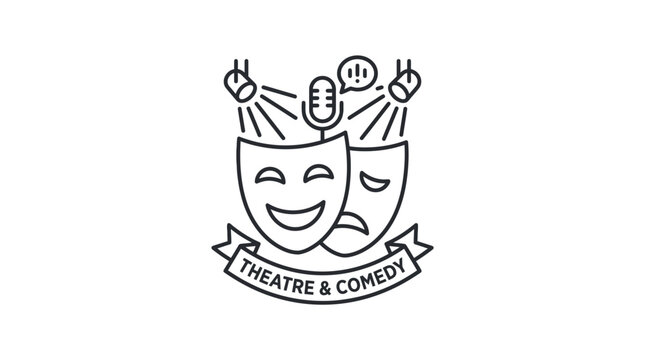 Theatre and comedy line art illustration with masks and microphone