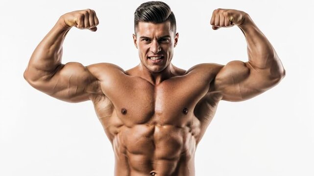 A strong muscular bodybuilder posing confidently against a white background