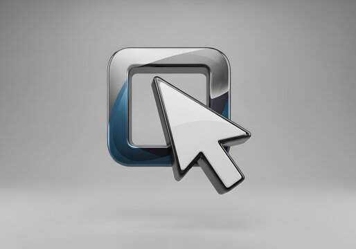 Shiny cursor clicking on square button, silver and blue, technology concept