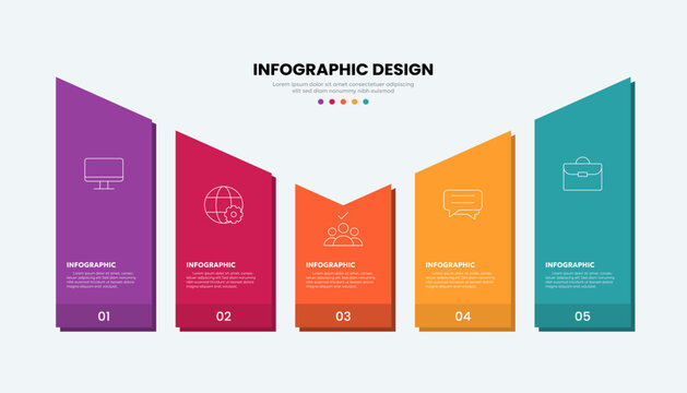 Modern 5 step infographic template with colorful vertical panels for business, workflow, presentation, process, timeline and marketing design.