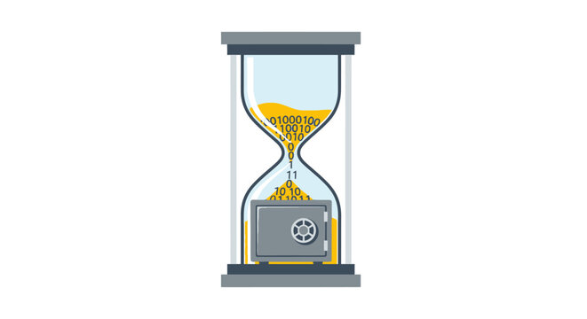 Conceptual Hourglass with Binary Code Sand and Safe Representing Digital Security, Data Privacy, and Cybersecurity Management
