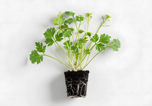 Fresh green parsley plant in black pot on white background for cooking and gardening