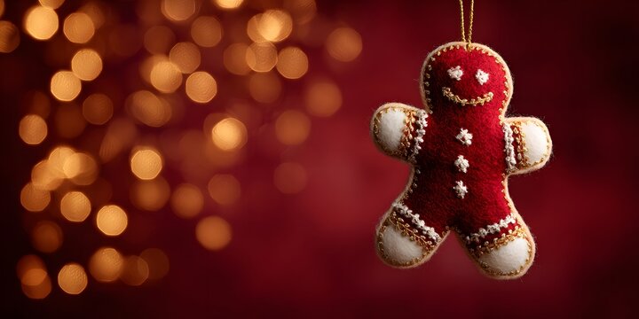 Red and white felt gingerbread man ornament with gold string and bokeh lights