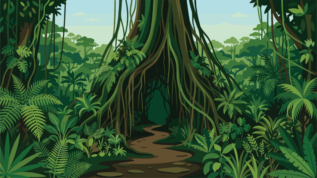 Exploring a dense jungle pathway through giant tree roots and vines
