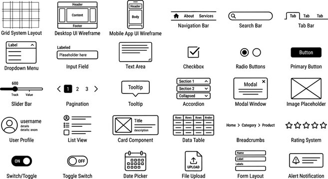 Comprehensive Website Wireframe and Mobile App User Interface Component Set Featuring Essential UX UI Design Elements, Navigation Layouts, and Digital Prototyping Assets