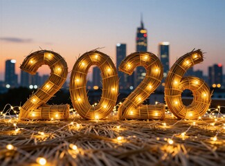 Fototapeta premium Woven numbers 2026 with string lights glow against city skyline at dusk. Festive celebration of new year eve. Warm light illuminates straw numbers.