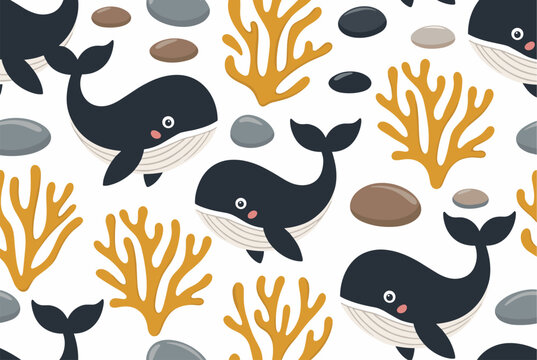 Cute black whales and yellow corals form a beautiful underwater seamless pattern on a plain white background.