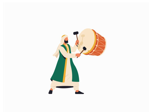 Muslim Man in Traditional Green Robe Playing a Large Bedug Drum for Ramadan Celebration Vector