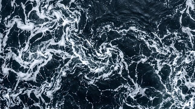 Dynamic patterns of swirling ocean foam with intricate white textures captured directly overhead on the dark blue vast sea surface for commercial projects.