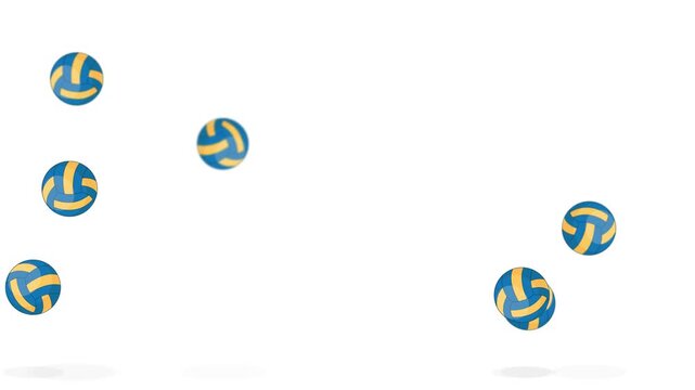 Multiple Blue and Yellow Volleyballs Bouncing on White Background