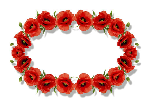 Handmade red poppy flower wreath on white background, rustic spring or memorial decoration