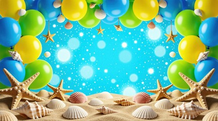 Fototapeta premium Balloons and beach decor create a festive summer scene. Starfish and shells on sand with bright blue bubbly water backdrop. Great for seaside party or celebration.