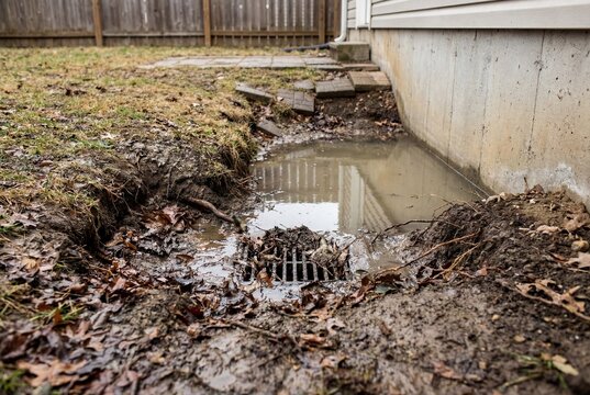 Flooded yard drain next to a house foundation