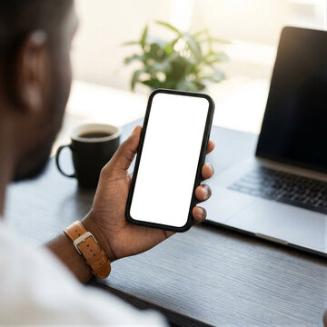 Modern Desk Laptop Coffee Man Holding Mobile Smartphone Blank White Screen Mockup