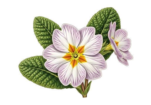 Delicate pink and white primrose flower with variegated leaves isolated on white background