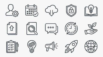 Professional Black and White Line Icons Set Featuring Business Productivity Innovation and Global Concepts © Dung