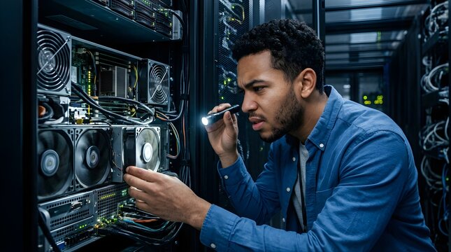 Technician inspecting server hardware with a flashlight in data center