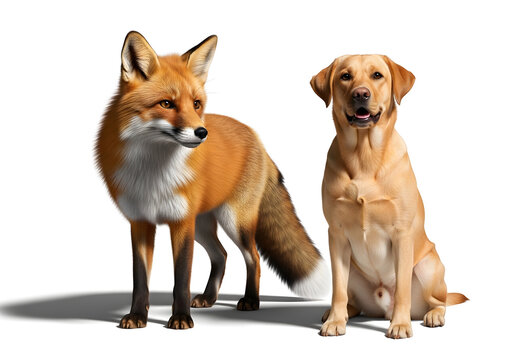 Friendly fox and labrador dog standing and sitting together