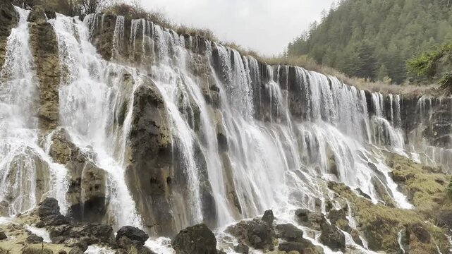 Water cascading down the wide travertine cliff of Nuorilang Waterfall in Jiuzhaigou National Park.