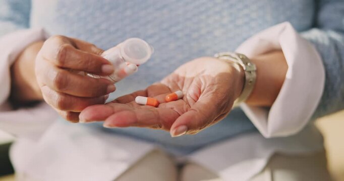Hands, medication and woman with pills in home for medical treatment, wellness or prescription. Medicine, healthcare tablets and person in house with vitamins, capsules or supplements for recovery.