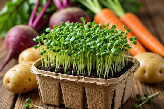 Small green sprouts grow in cardboard box with soil. Fresh organic vegetables like carrots potatoes, beets lie on wooden table background. Healthy plants cultivate at home for salad cooking. Vegan