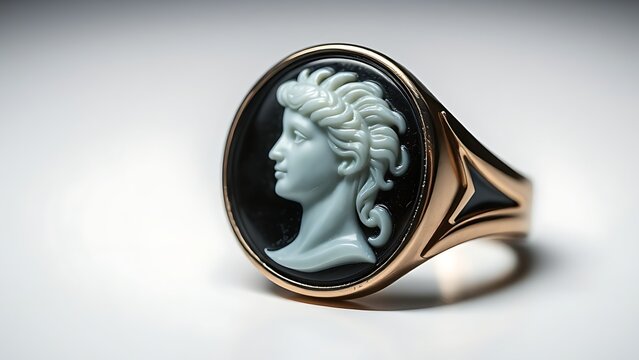 Classical onyx gemstone ring with an intricately carved Greek goddess intaglio.