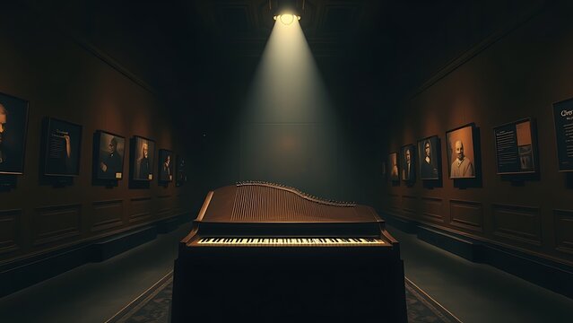 A museum gallery with a single harpsichord covered in velvet under a dramatic spotlight.