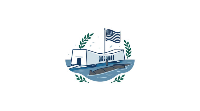 Pearl Harbor Memorial USS Arizona Arizona Monument with US Flag and Submarine Illustration