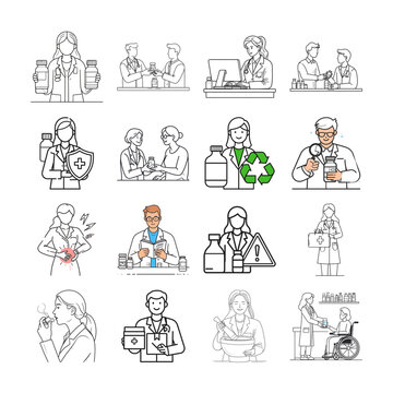 pharmacy medical professionals line art illustration black and white outline style or outline healthcare team drawing for pharmacy design in monochrome line art