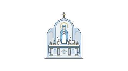 Obraz premium Catholic Altar with Virgin Mary Statue, Candles, and Bible - Religious Illustration