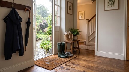 Fototapeta premium Cozy Home Entryway with Open Front Door, Rain Boots, Coat Hooks and Garden View