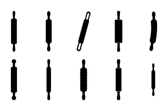 Rolling Pin Silhouette Icon Set Collection of Kitchen Utensil Baking Tools in Various Styles
