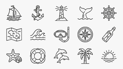 Elegant Black and White Line Drawing Icons Set Featuring Nautical and Tropical Elements for Travel Adventure and Marine Themes © Dung