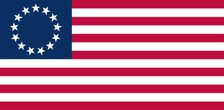 Flat vector illustration of the historical Betsy Ross flag featuring thirteen stars in a circular arrangement. Clean, editable design for education, history, patriotic, and graphic projects.